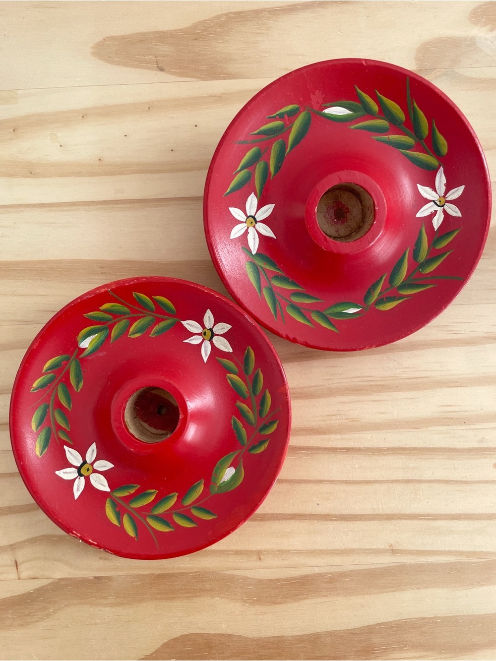 Swedish Red Floral Wooden Hand Painted Candle Holders. Scandinavian folk art.